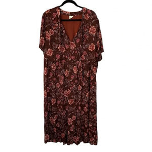 Good Hart Women’s Short Sleeve Tie V-Neck Maroon Floral Midi Dress Sz XL GUC
